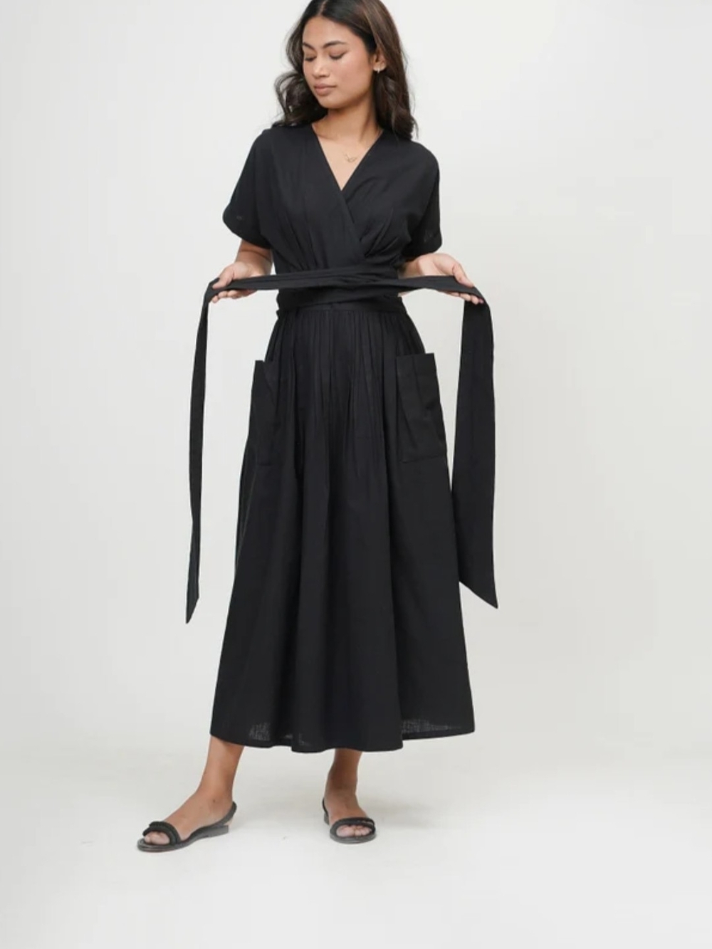 Black Wrap Midi Dress with Waist Tie Tailor Didi NEVER WORN